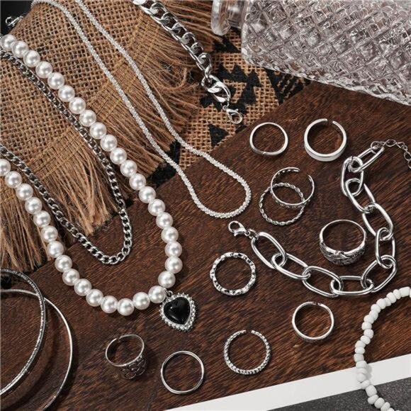36 PC Silver Plated Jewelry Set With 3 Necklace, 12 Bracelet, 7 Ear Cuffs - Picture 2 of 8
